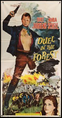 4s631 DUEL IN THE FOREST 3sh '58 artwork of barechested Curd Jurgens, Maria Schell