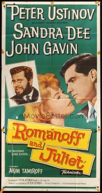 4s781 ROMANOFF & JULIET 3sh '61 art of Peter Ustinov, Sandra Dee & John Gavin!