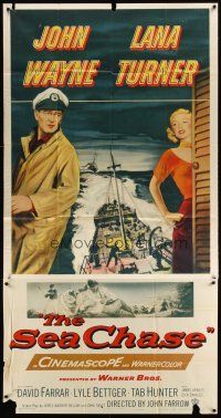 4s788 SEA CHASE 3sh '55 great artwork of sailor John Wayne & sexy Lana Turner, World War II!