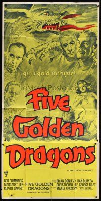 4s009 FIVE GOLDEN DRAGONS English 3sh '67 cool montage art of Chris Lee, Kinski, Raft & Cummings!