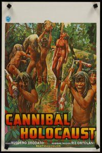 4t284 CANNIBAL HOLOCAUST Belgian '82 gruesome artwork of natives & body impaled on pole!