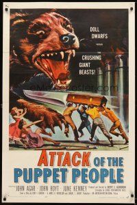 4w503 ATTACK OF THE PUPPET PEOPLE 1sh '58 great art of tiny people with steak knife attacking dog!