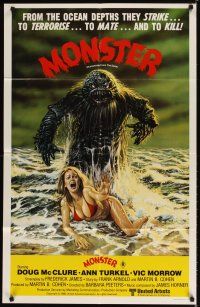 4w926 HUMANOIDS FROM THE DEEP Aust 1sh '80 art of monster over sexy girl on beach!