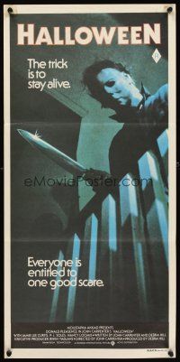4w963 HALLOWEEN Aust daybill '78 John Carpenter classic, great image, the trick is to stay alive!