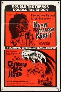 4w508 BEAST OF THE YELLOW NIGHT/CREATURE WITH BLUE HAND 1sh '71 wild horror double-bill!