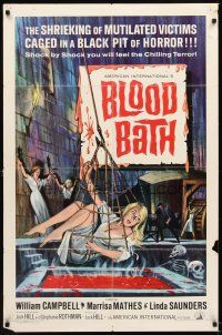 4w520 BLOOD BATH 1sh '66 cool artwork of sexy babe being lowered into a pit of horror!