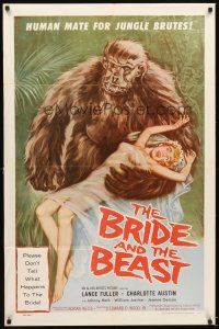 4w531 BRIDE & THE BEAST 1sh '58 Ed Wood classic, great wacky art of huge ape holding sexy girl!