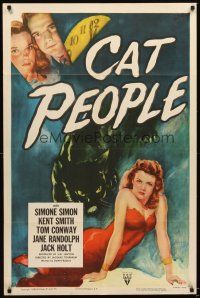 4w542 CAT PEOPLE 1sh R52 Val Lewton, full-length sexy Simone Simon by black panther!