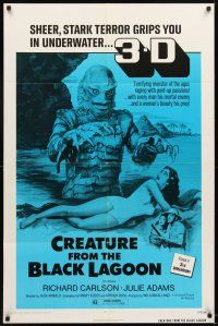 4w552 CREATURE FROM THE BLACK LAGOON 1sh R72 great art of monster attacking sexy Julie Adams!