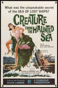 4w553 CREATURE FROM THE HAUNTED SEA 1sh '61 great art of monster's hand in sea grabbing sexy girl!