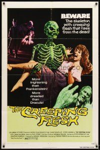 4w555 CREEPING FLESH 1sh '72 Christopher Lee, Peter Cushing, cool image of skeleton holding girl!