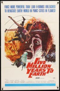 4w597 FIVE MILLION YEARS TO EARTH 1sh '67 cities in flames, world panic spreads, art by Gerald Allison!