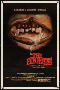 4w603 FUNHOUSE 1sh '81 Tobe Hooper, creepy close up of drooling mouth with nasty teeth!