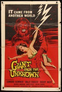 4w607 GIANT FROM THE UNKNOWN 1sh '58 art of wacky monster Buddy Baer grabbing near-naked girl!