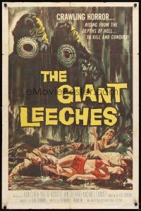 4w608 GIANT LEECHES 1sh '59 rising from the depths of Hell to kill and conquer, cool horror art!