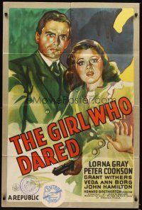 4w610 GIRL WHO DARED kraftbacked 1sh '44 cool dramatic art of Lorna Gray & Peter Cookson!
