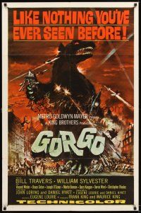 4w614 GORGO 1sh '61 great artwork of giant monster terrorizing city by Joseph Smith!