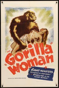 4w615 GORILLA WOMAN 1sh '40s wonderful art of giant African ape holding sexy near-naked babe!