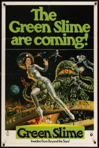 4w616 GREEN SLIME 1sh '69 classic cheesy sci-fi movie, great art of sexy astronaut & monster!