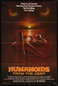 4w631 HUMANOIDS FROM THE DEEP 1sh '80 classic sexy art of eyes looming over sexy girl on beach!
