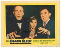 4w130 BLACK SLEEP LC #2 '56 close up of scared Basil Rathbone, Herbert Rudley & Patricia Blake!