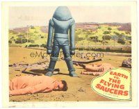 4w182 EARTH VS. THE FLYING SAUCERS LC '56 cool image of alien robot standing over dead men!
