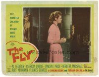 4w188 FLY LC #8 '58 Al Hedison in shadows lets Patricia Owens into his lab, classic sci-fi!