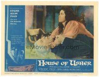 4w212 HOUSE OF USHER LC #7 '60 close up of Myrna Fahey choking the life out of Vincent Price!