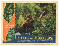 4w275 NIGHT OF THE BLOOD BEAST LC #7 '58 man pointing gun at monster dragging woman into woods!