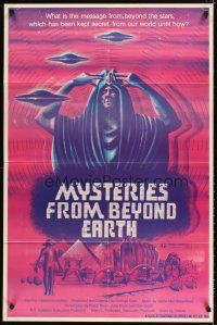 4w673 MYSTERIES FROM BEYOND EARTH 1sh '75 cool artwork of wacky alien & flying saucers!