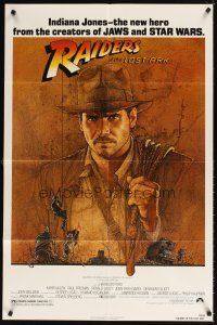 4w701 RAIDERS OF THE LOST ARK 1sh '81 great art of adventurer Harrison Ford by Amsel!
