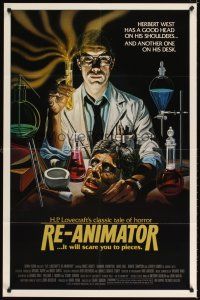 4w703 RE-ANIMATOR 1sh '85 great artwork of mad scientist with severed head on lab table!