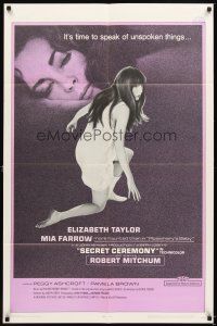 4w724 SECRET CEREMONY 1sh '68 Elizabeth Taylor, Mia Farrow, Robert Mitchum, Joseph Losey directed!