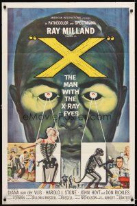 4w780 X: THE MAN WITH THE X-RAY EYES 1sh '63 Ray Milland strips souls & bodies, cool sci-fi art!