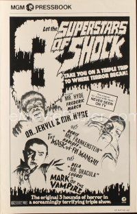 4w786 3 SUPERSTARS OF SHOCK pressbook '72 Boris Karloff, Bela Lugosi, March, cool monster art!