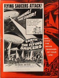 4w802 EARTH VS. THE FLYING SAUCERS pressbook '56 sci-fi classic, cool art of UFOs & aliens!