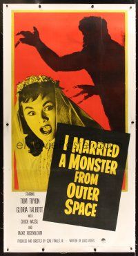 4x083 I MARRIED A MONSTER FROM OUTER SPACE linen 3sh '58 terrified Gloria Talbott & monster shadow!