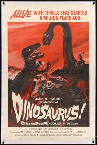 4x067 DINOSAURUS linen 1sh '60 great art of battling prehistoric T-rex & brontosaurus monsters!