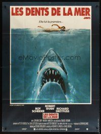 4x114 JAWS French 1p '75 art of Steven Spielberg classic man-eating shark attacking sexy swimmer!