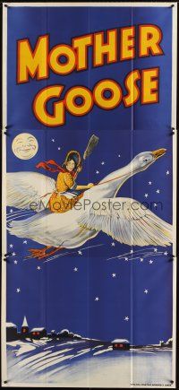 4z045 MOTHER GOOSE stage play English 3sh '30s stone litho art of mom holding broom & riding goose!