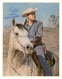 5a298 DALE ROBERTSON signed color 11x14 REPRO still '90s great portrait in cowboy outfit on horse!