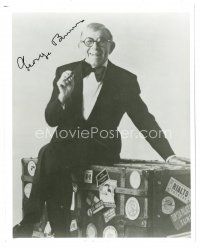 5a730 GEORGE BURNS signed 8x10 REPRO still '80s wearing tuxedo with cigar & sitting on trunk!