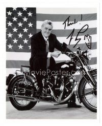 5a768 JAY LENO signed 8x10 REPRO still '90s great portrait on his motorcycle by American flag!