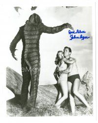 5a777 JOHN AGAR signed 8x10 REPRO still '90s great c/u with monster from Revenge of the Creature!