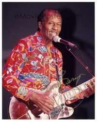 5a690 CHUCK BERRY signed color 8x10 REPRO still '90s great portrait still performing with guitar!