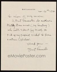 5a272 BURT LANCASTER signed letter '90 authorizing secretary to pick up his 1st class plane ticket!
