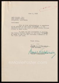 5a081 FRED ZINNEMANN signed contract '39 authorizing the sale of the rights to his story Bonanza!