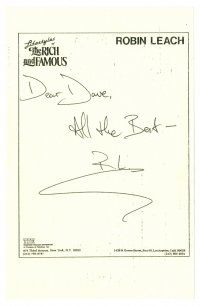 5a375 ROBIN LEACH signed signed 5.5x8.5 paper '90s host of Lifestyles of the Rich and Famous!