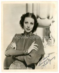 5a587 LORETTA YOUNG signed 8x10 still '30s close portrait in great dress with her arms crossed!