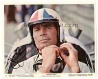 5a541 JAMES GARNER signed color 8x10 still '67 best close up in his race car from Grand Prix!